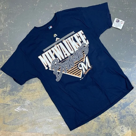 Majestic Milwaukee Brewers Shirt Navy MLB Retro Vintage Large - Picture 1 of 8